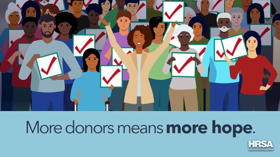 An illustration of many people holding up check marks. Text reads, "More donors means more hope."